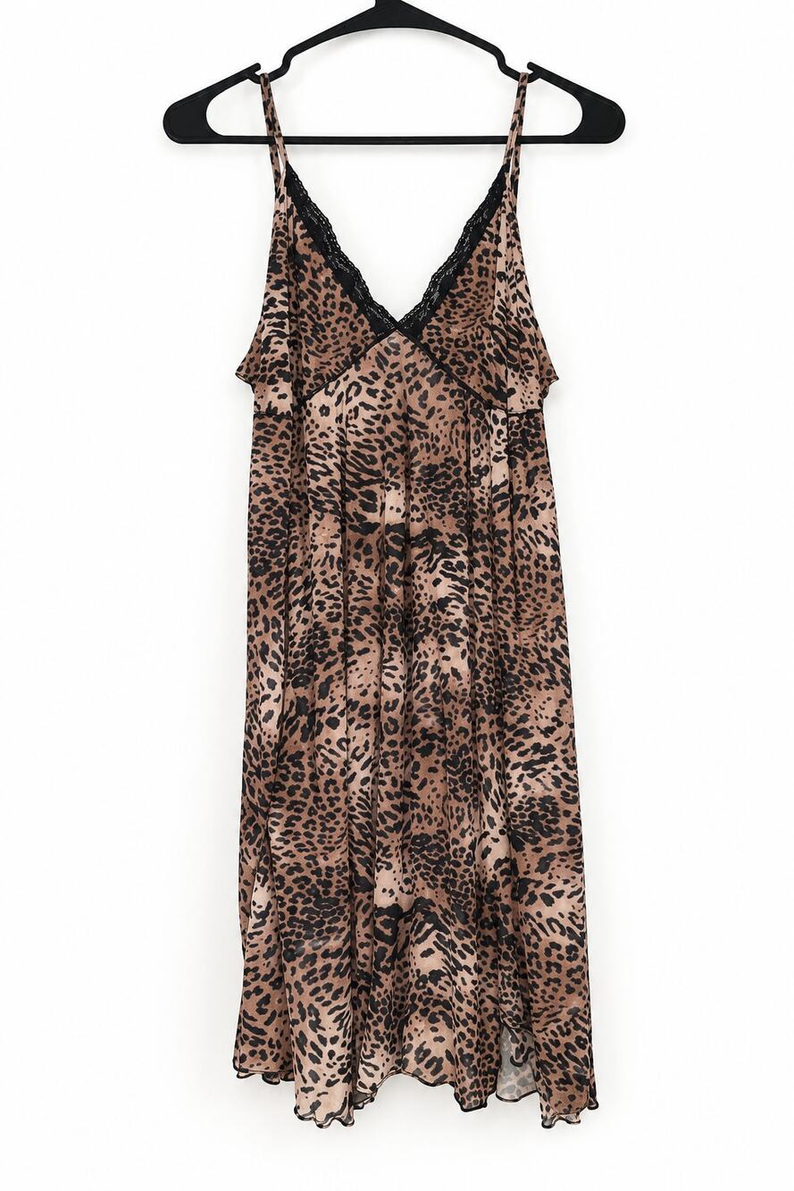 Y2K Leopard Print Mini Slip Dress Brown Black Lace Nick & Sarah 90s fashion L